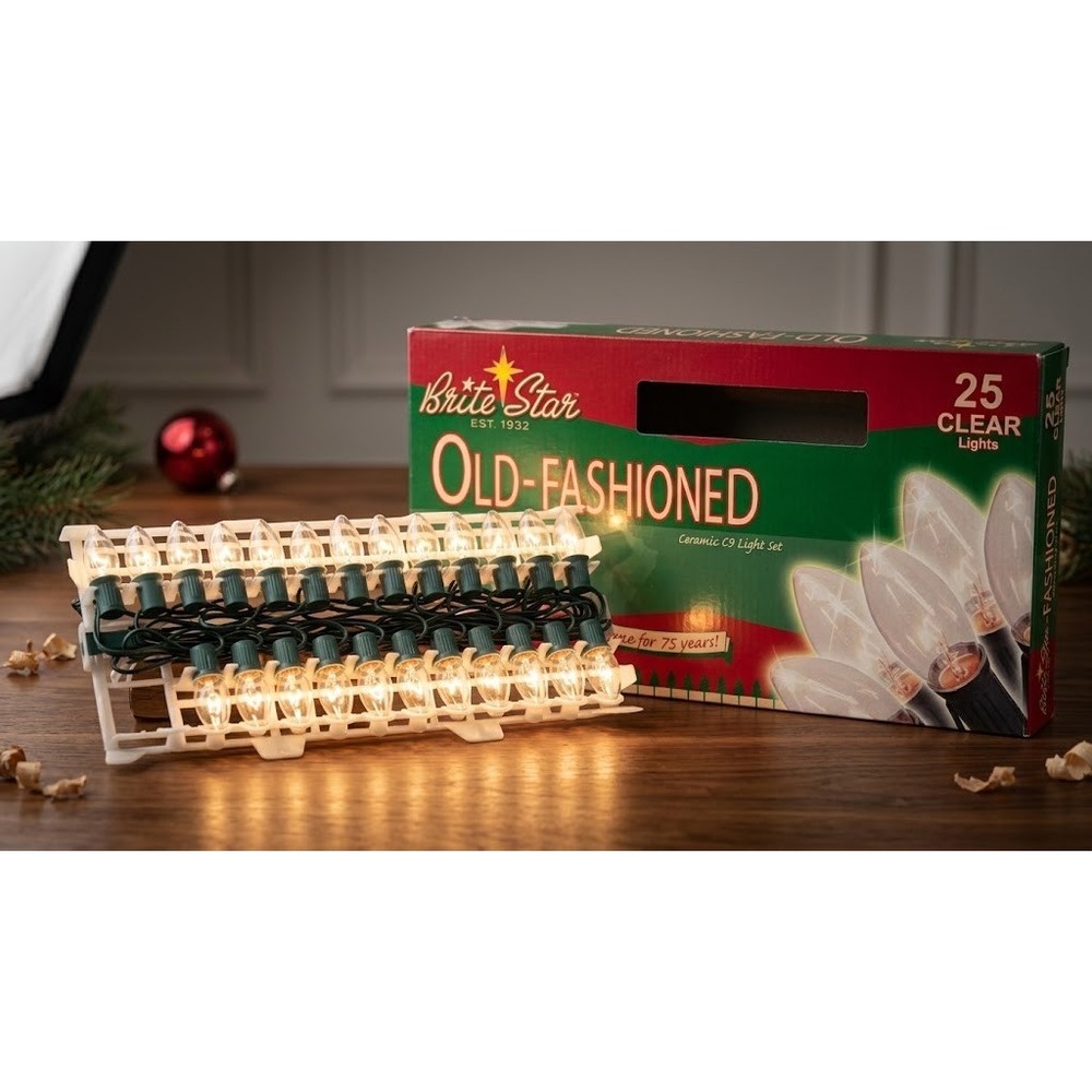 Brite Star Old Fashioned Ceramic C9 Christmas Light Set 25 Clear Bulb Strand